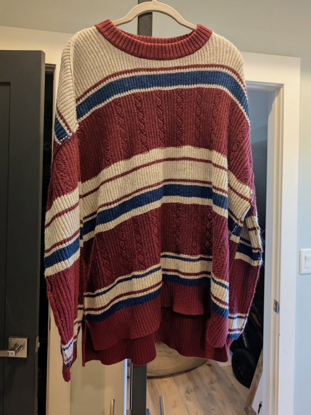Gilded Intent Burgundy, Cream & Blue Striped Cable-Knit Sweater